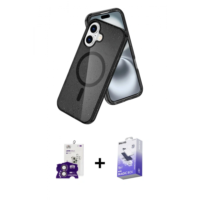 MARSİLYAN™- iPhone 16 Kılıf Nova Asil Prime - Siyah Bilvis 5in1 5D Magic Hayalet Cam Ekran Koruyucu + Pembe Bilvis Titan Kamera Lens