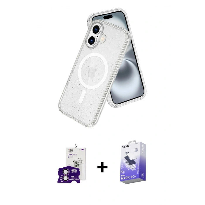 MARSİLYAN™- iPhone 16 Kılıf Nova Asil Prime - Siyah Bilvis 5in1 5D Magic Hayalet Cam Ekran Koruyucu + Pembe Bilvis Titan Kamera Lens
