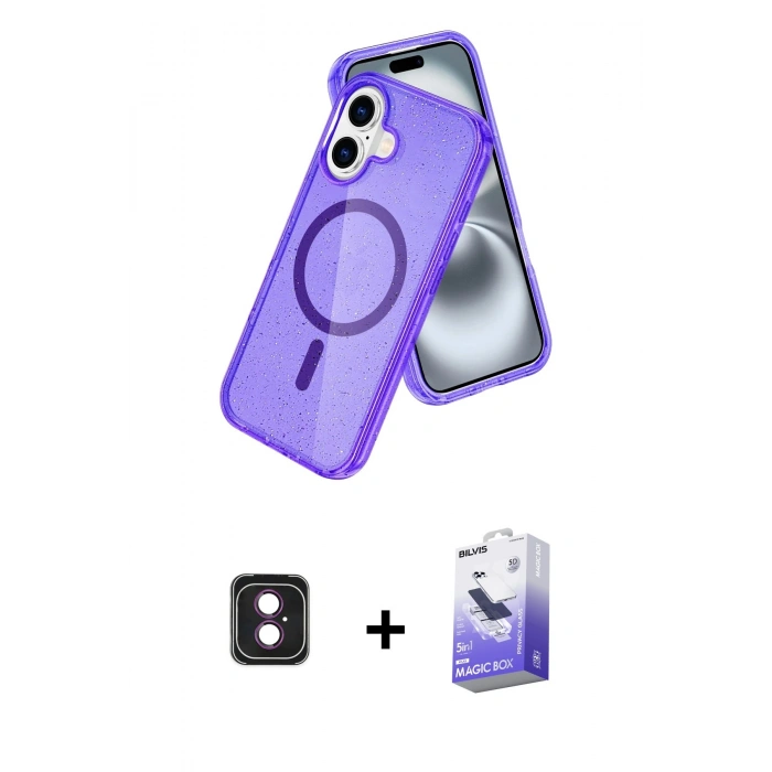 MARSİLYAN™- iPhone 16 Kılıf Nova Asil Prime - Siyah Bilvis 5in1 5D Magic Hayalet Cam Ekran Koruyucu + Pembe PVD Metal Kamera Lens