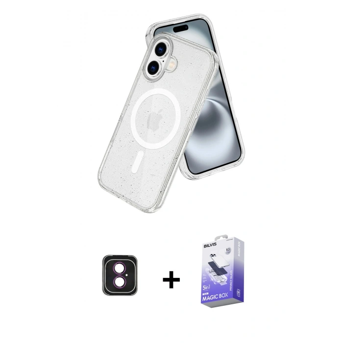 MARSİLYAN™- iPhone 16 Kılıf Nova Asil Prime - Siyah Bilvis 5in1 5D Magic Hayalet Cam Ekran Koruyucu + Pembe PVD Metal Kamera Lens