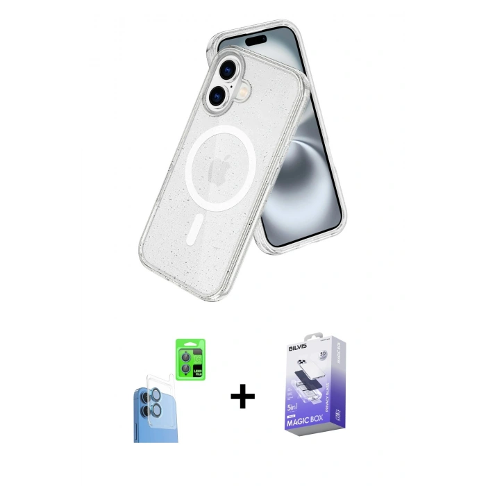 MARSİLYAN™- iPhone 16 Kılıf Nova Asil Prime - Siyah Bilvis 5in1 5D Magic Hayalet Cam Ekran Koruyucu + Raze Metal Kamera Lens - LT