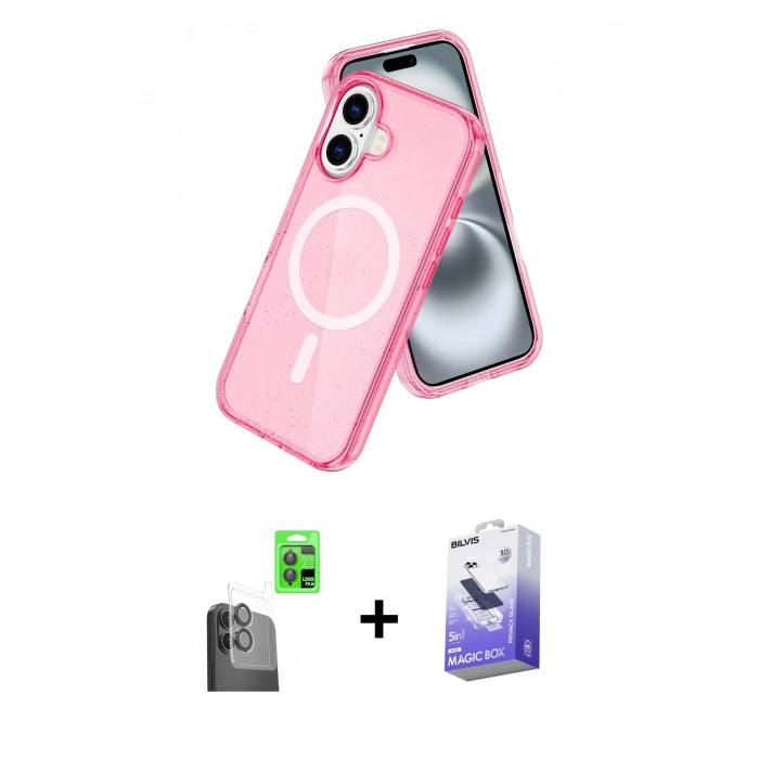 MARSİLYAN™- iPhone 16 Kılıf Nova Asil Prime - Siyah Bilvis 5in1 5D Magic Hayalet Cam Ekran Koruyucu + Raze Metal Kamera Lens - SH