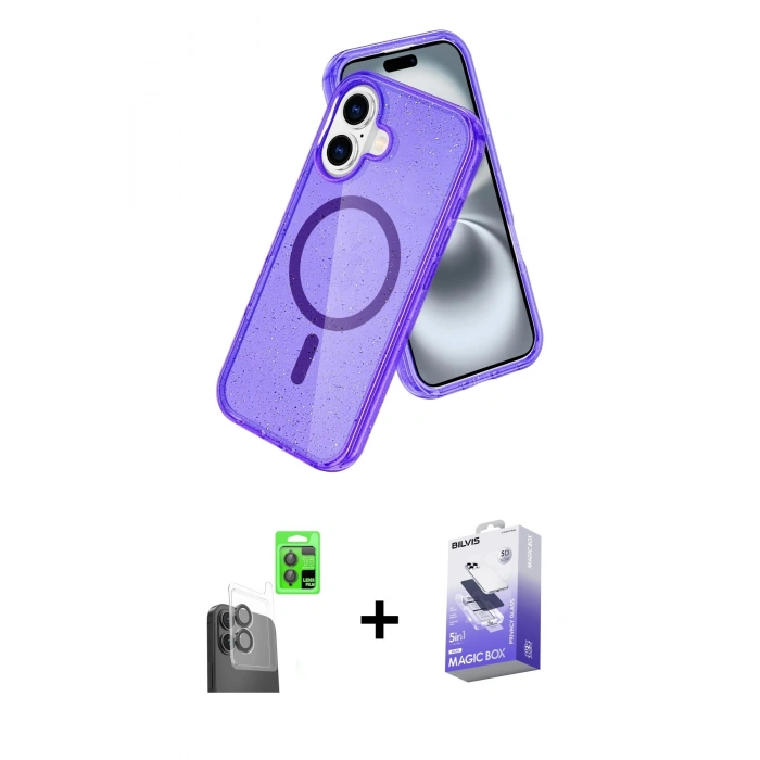 MARSİLYAN™- iPhone 16 Kılıf Nova Asil Prime - Siyah Bilvis 5in1 5D Magic Hayalet Cam Ekran Koruyucu + Raze Metal Kamera Lens - SH