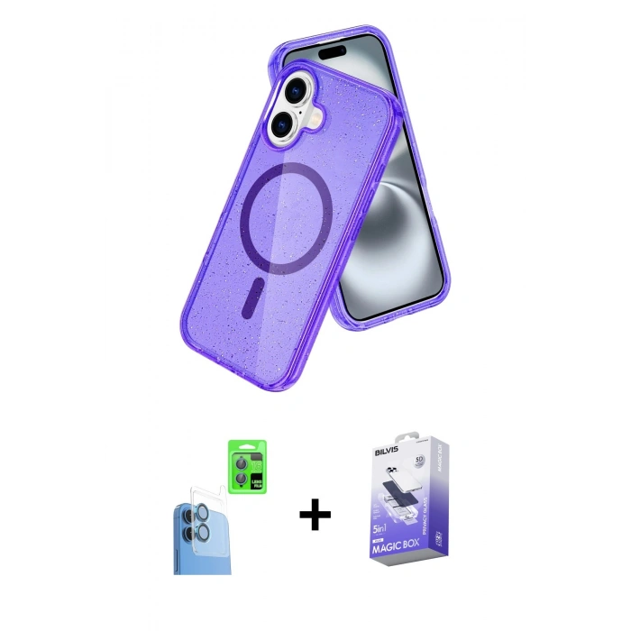 MARSİLYAN™- iPhone 16 Kılıf Nova Asil Prime - Siyah Bilvis 5in1 5D Magic Hayalet Cam Ekran Koruyucu + Raze Metal Kamera Lens - LT