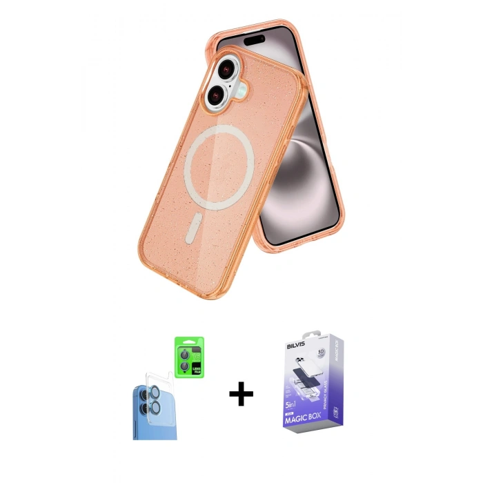 MARSİLYAN™- iPhone 16 Kılıf Nova Asil Prime - Siyah Bilvis 5in1 5D Magic Hayalet Cam Ekran Koruyucu + Raze Metal Kamera Lens - LT