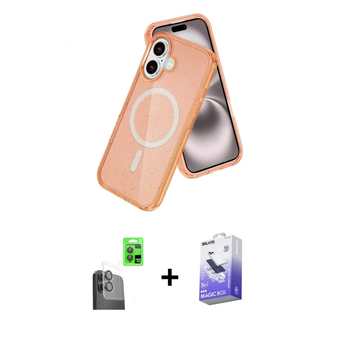 MARSİLYAN™- iPhone 16 Kılıf Nova Asil Prime - Siyah Bilvis 5in1 5D Magic Hayalet Cam Ekran Koruyucu + Raze Metal Kamera Lens - SH