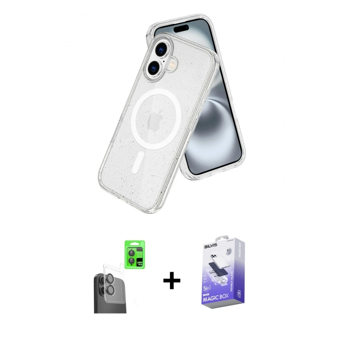 MARSİLYAN™- iPhone 16 Kılıf Nova Asil Prime - Siyah Bilvis 5in1 5D Magic Hayalet Cam Ekran Koruyucu + Raze Metal Kamera Lens - SH