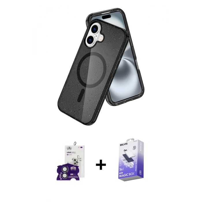 MARSİLYAN™- iPhone 16 Kılıf Nova Asil Prime - Siyah Bilvis 5in1 5D Magic Hayalet Cam Ekran Koruyucu + Bilvis Titan Kamera Lens - YL