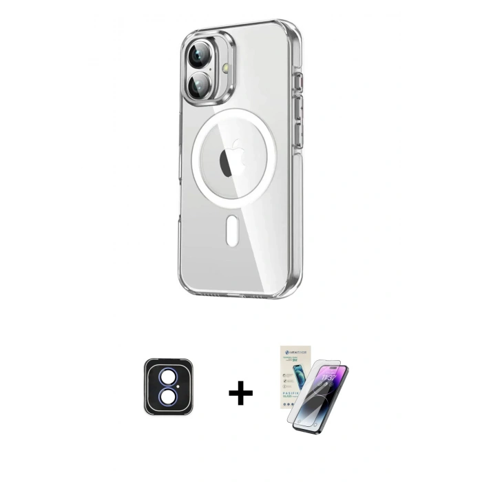 MARSİLYAN™- iPhone 16 Kılıf Nova Doku - Şeffaf Pasifik Cam Ekran Koruyucu + PVD Metal Kamera Lens - MI