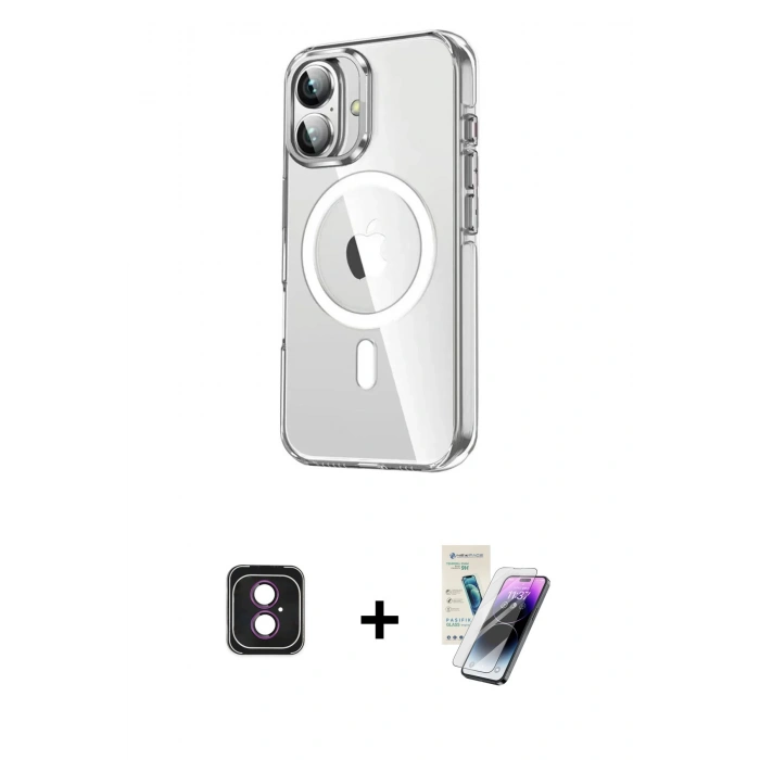 MARSİLYAN™- iPhone 16 Kılıf Nova Doku - Şeffaf Pasifik Cam Ekran Koruyucu + PVD Metal Kamera Lens - PE