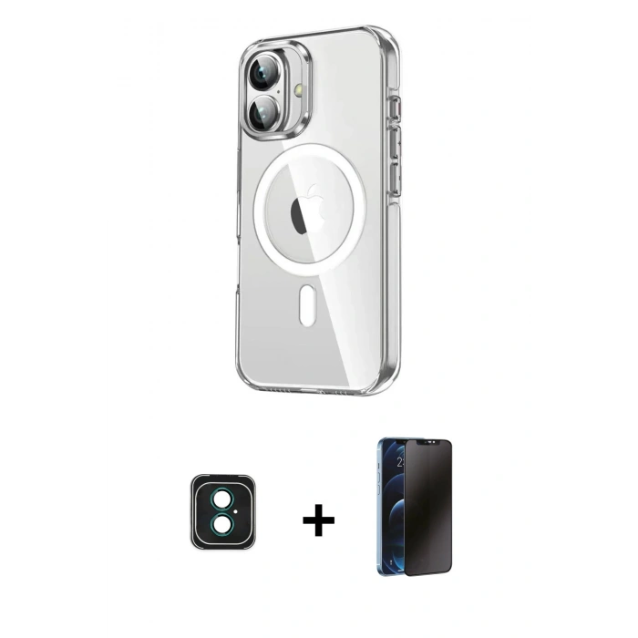 MARSİLYAN™- iPhone 16 Kılıf Nova Doku - Siyah 3D Antistatik Hayalet Cam Ekran Koruyucu + PVD Metal Kamera Lens - YL