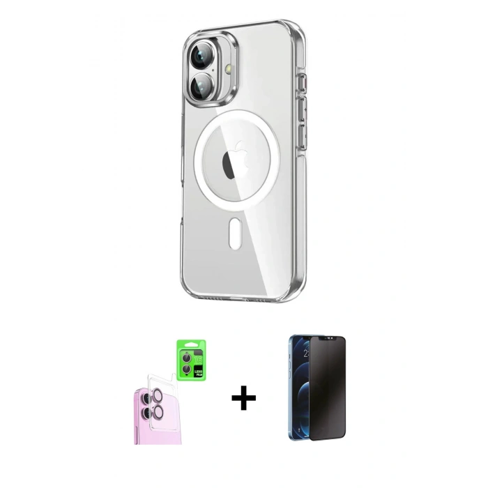 MARSİLYAN™- iPhone 16 Kılıf Nova Doku - Siyah 3D Antistatik Hayalet Cam Ekran Koruyucu + Raze Metal Kamera Lens - PE