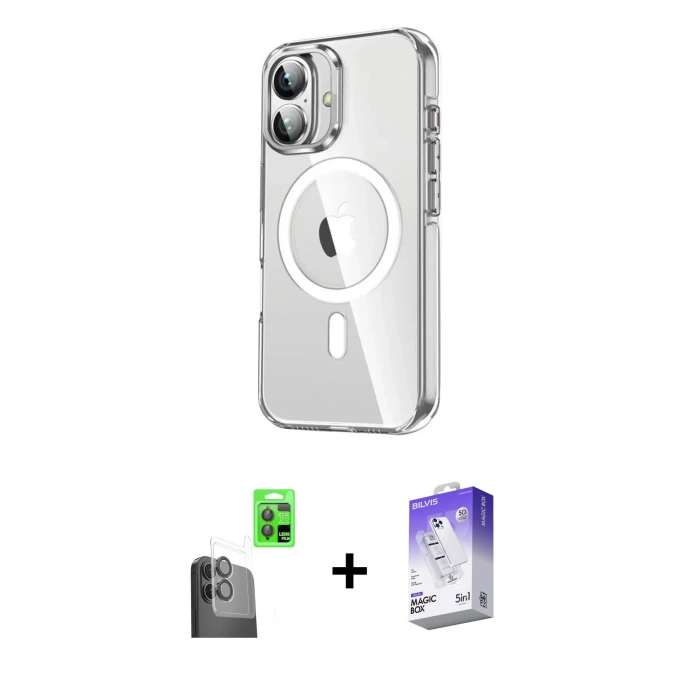 MARSİLYAN™- iPhone 16 Kılıf Nova Doku - Siyah Bilvis 5in1 3D Magic Cam Ekran Koruyucu + Raze Metal Kamera Lens - SH
