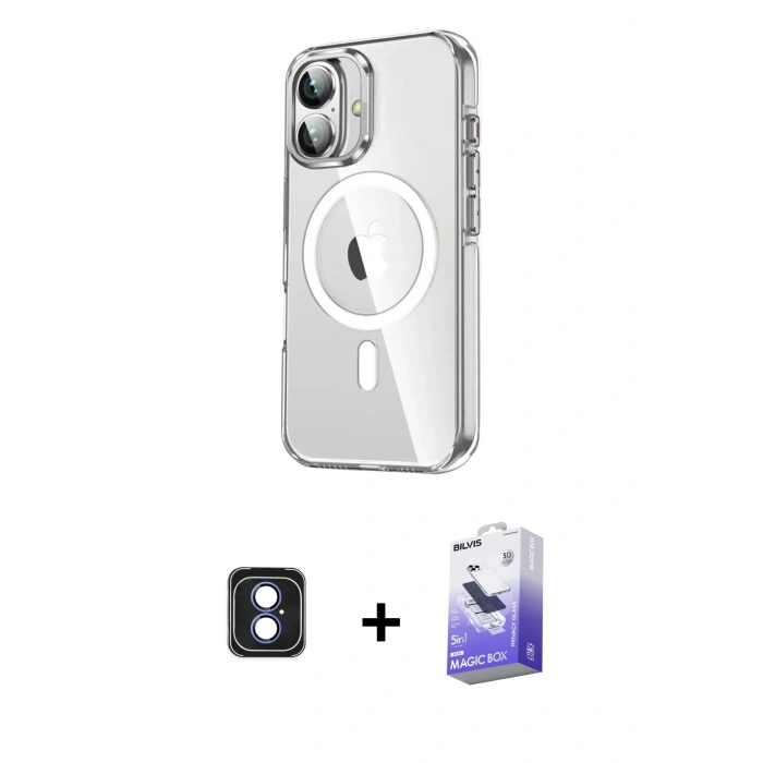 MARSİLYAN™- iPhone 16 Kılıf Nova Doku - Siyah Bilvis 5in1 5D Magic Hayalet Cam Ekran Koruyucu + PVD Metal Kamera Lens - MI