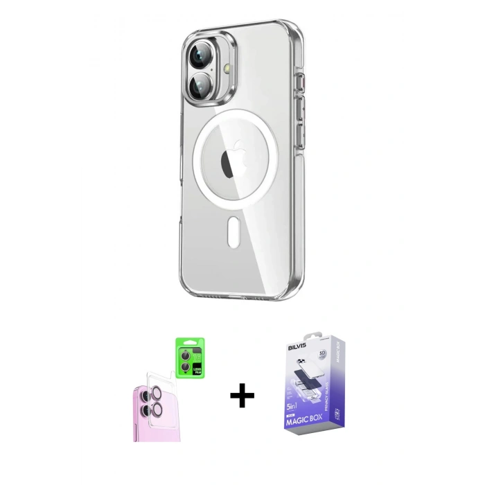 MARSİLYAN™- iPhone 16 Kılıf Nova Doku - Siyah Bilvis 5in1 5D Magic Hayalet Cam Ekran Koruyucu + Raze Metal Kamera Lens - PE