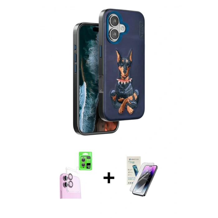 MARSİLYAN™- iPhone 16 Kılıf Nova Form Koleksiyonu - Şeffaf Pasifik Cam Ekran Koruyucu + Pembe Raze Metal Kamera Lens