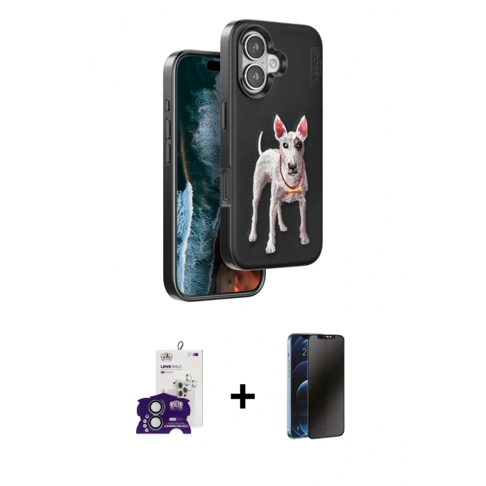 MARSİLYAN™- iPhone 16 Kılıf Nova Form Koleksiyonu - Siyah 3D Antistatik Hayalet Cam Ekran Koruyucu + Bilvis Titan Kamera Lens - YL