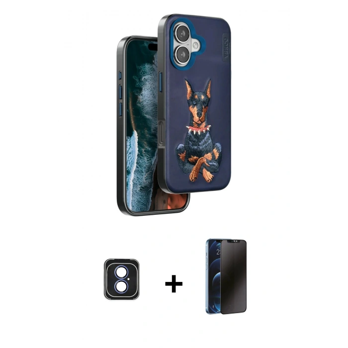 MARSİLYAN™- iPhone 16 Kılıf Nova Form Koleksiyonu - Siyah 3D Antistatik Hayalet Cam Ekran Koruyucu + PVD Metal Kamera Lens - MI