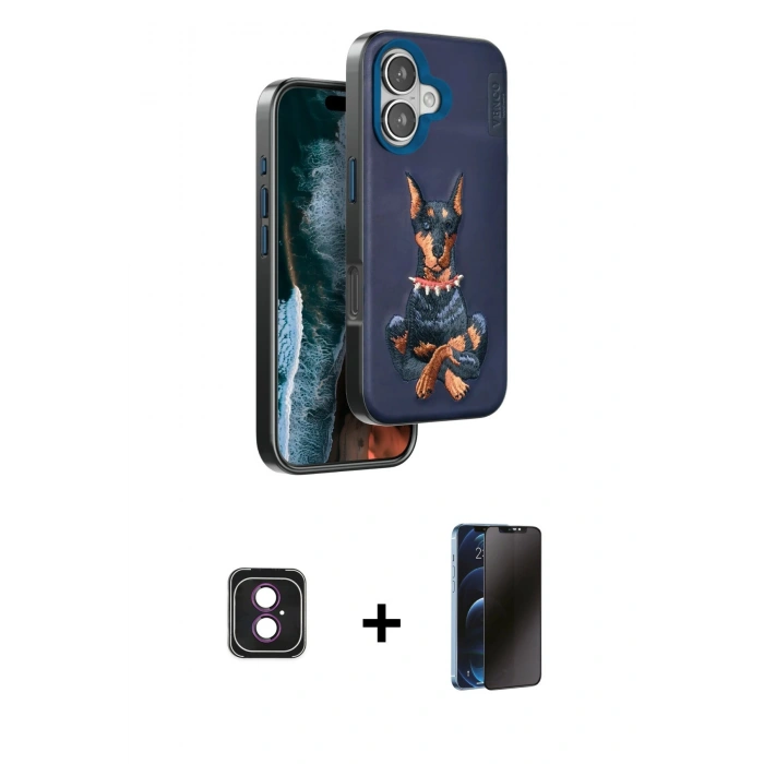 MARSİLYAN™- iPhone 16 Kılıf Nova Form Koleksiyonu - Siyah 3D Antistatik Hayalet Cam Ekran Koruyucu + PVD Metal Kamera Lens - PE