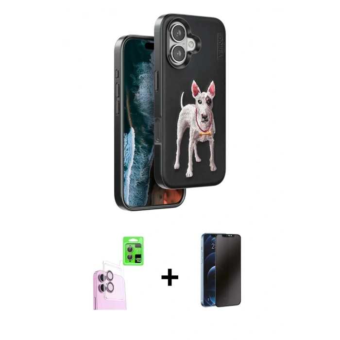MARSİLYAN™- iPhone 16 Kılıf Nova Form Koleksiyonu - Siyah 3D Antistatik Hayalet Cam Ekran Koruyucu + Raze Metal Kamera Lens - PE