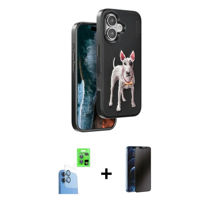 MARSİLYAN™- iPhone 16 Kılıf Nova Form Koleksiyonu - Siyah 3D Antistatik Hayalet Cam Ekran Koruyucu + Raze Metal Kamera Lens - LT