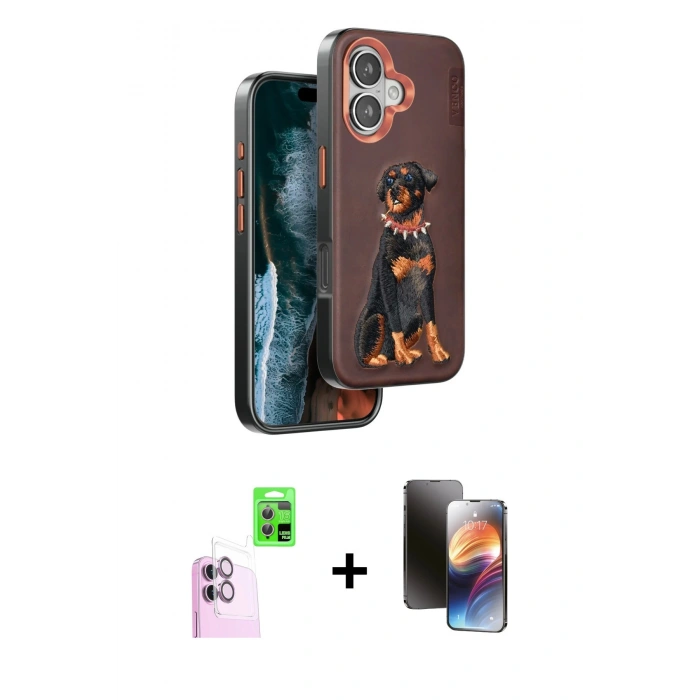 MARSİLYAN™- iPhone 16 Kılıf Nova Form Koleksiyonu - Siyah 3D Antistatik Mat Seramik Nano Ekran Koruyucu + Pembe Raze Metal Kamera Lens