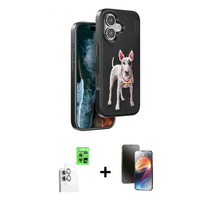 MARSİLYAN™- iPhone 16 Kılıf Nova Form Koleksiyonu - Siyah 3D Antistatik Mat Seramik Nano Ekran Koruyucu + Beyaz Raze Metal Kamera Lens