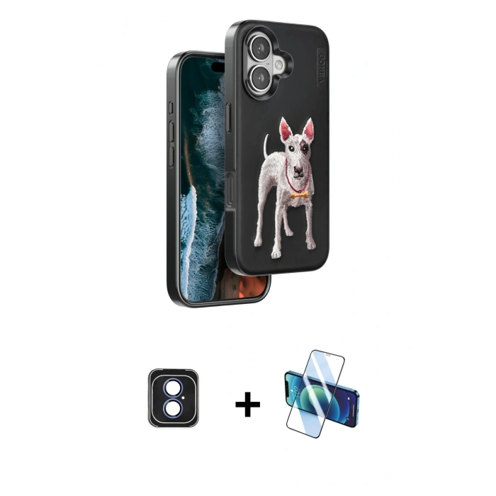 MARSİLYAN™- iPhone 16 Kılıf Nova Form Koleksiyonu - Siyah 3D Antistatik Seramik Nano Ekran Koruyucu + Mavi PVD Metal Kamera Lens
