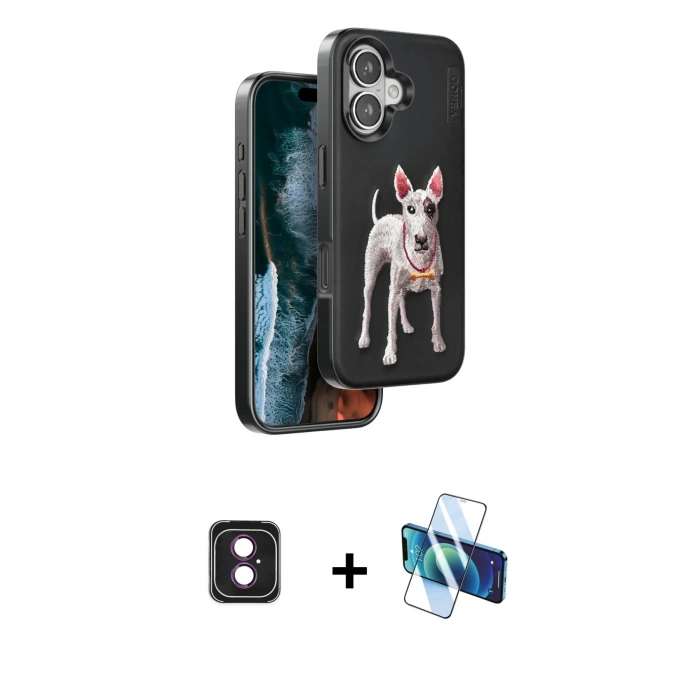 MARSİLYAN™- iPhone 16 Kılıf Nova Form Koleksiyonu - Siyah 3D Antistatik Seramik Nano Ekran Koruyucu + Pembe PVD Metal Kamera Lens