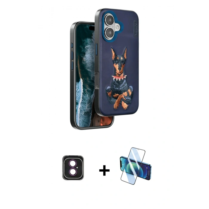 MARSİLYAN™- iPhone 16 Kılıf Nova Form Koleksiyonu - Siyah 3D Antistatik Seramik Nano Ekran Koruyucu + Pembe PVD Metal Kamera Lens