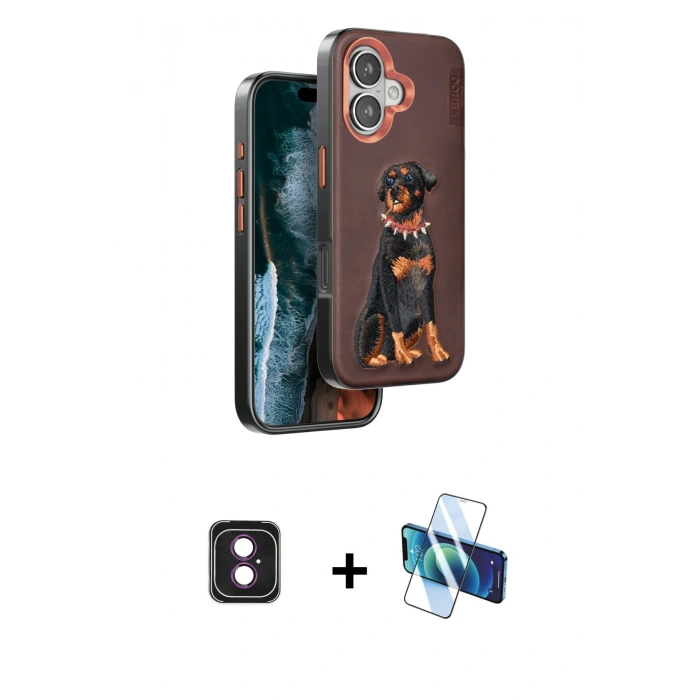 MARSİLYAN™- iPhone 16 Kılıf Nova Form Koleksiyonu - Siyah 3D Antistatik Seramik Nano Ekran Koruyucu + Pembe PVD Metal Kamera Lens