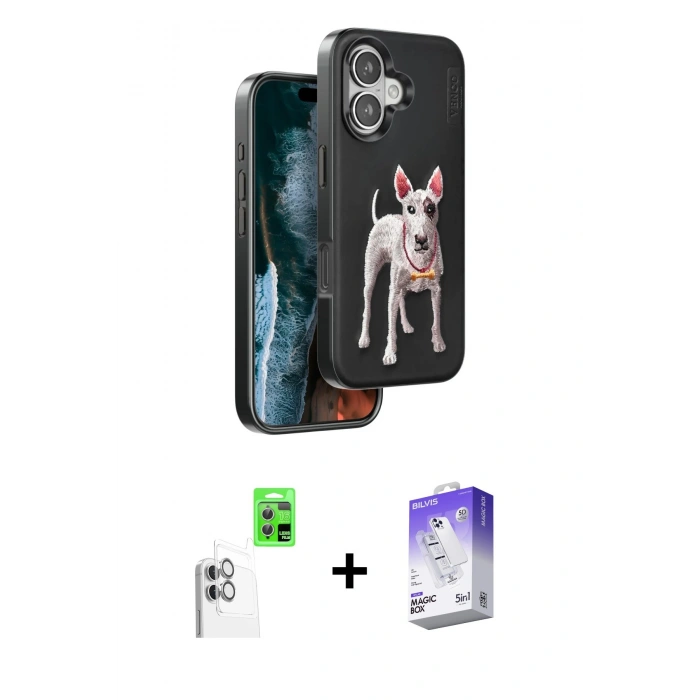 MARSİLYAN™- iPhone 16 Kılıf Nova Form Koleksiyonu - Siyah Bilvis 5in1 3D Magic Cam Ekran Koruyucu + Raze Metal Kamera Lens - BZ