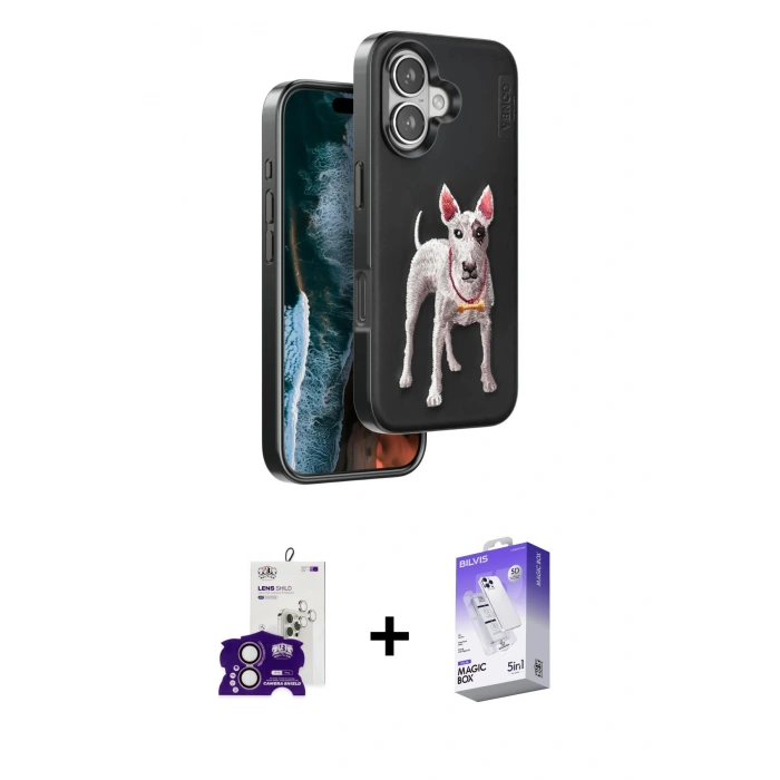 MARSİLYAN™- iPhone 16 Kılıf Nova Form Koleksiyonu - Siyah Bilvis 5in1 3D Magic Cam Ekran Koruyucu + Bilvis Titan Kamera Lens - PE