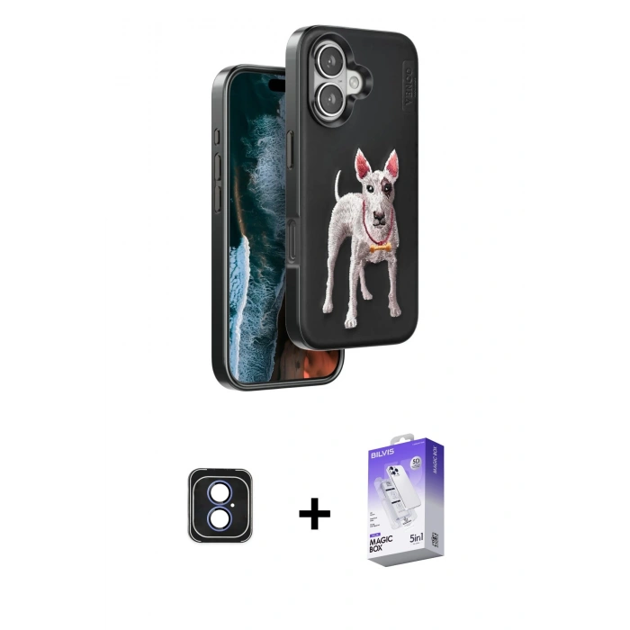 MARSİLYAN™- iPhone 16 Kılıf Nova Form Koleksiyonu - Siyah Bilvis 5in1 3D Magic Cam Ekran Koruyucu + PVD Metal Kamera Lens - MI