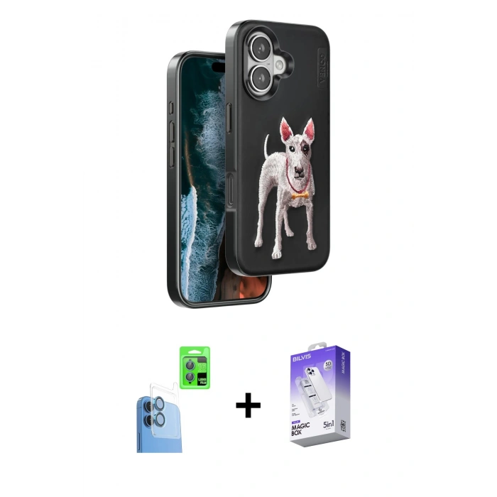 MARSİLYAN™- iPhone 16 Kılıf Nova Form Koleksiyonu - Siyah Bilvis 5in1 3D Magic Cam Ekran Koruyucu + Raze Metal Kamera Lens - LT