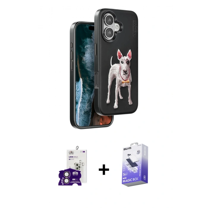 MARSİLYAN™- iPhone 16 Kılıf Nova Form Koleksiyonu - Siyah Bilvis 5in1 5D Magic Hayalet Cam Ekran Koruyucu + Bilvis Titan Kamera Lens - PE