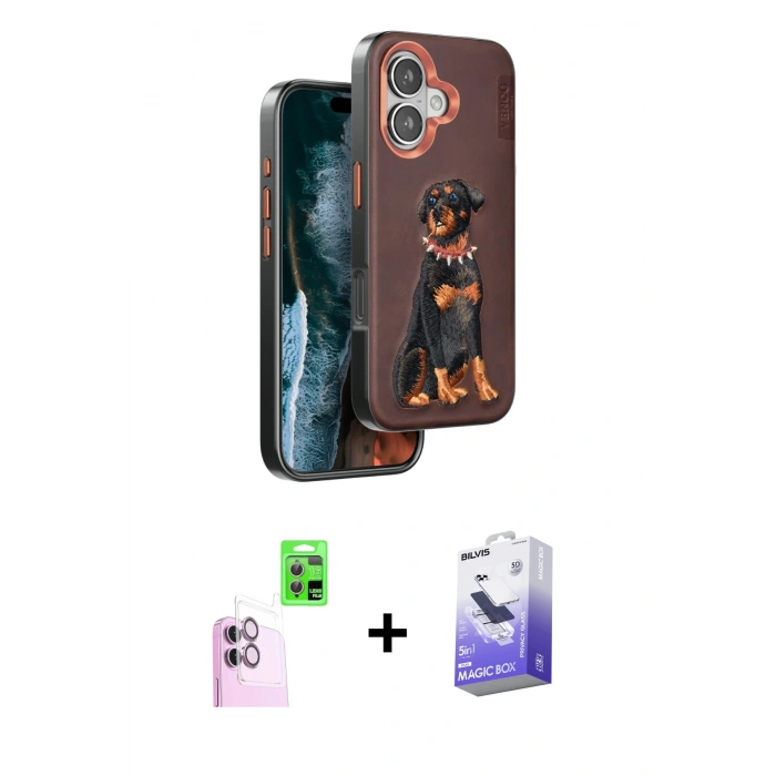 MARSİLYAN™- iPhone 16 Kılıf Nova Form Koleksiyonu - Siyah Bilvis 5in1 5D Magic Hayalet Cam Ekran Koruyucu + Raze Metal Kamera Lens - PE