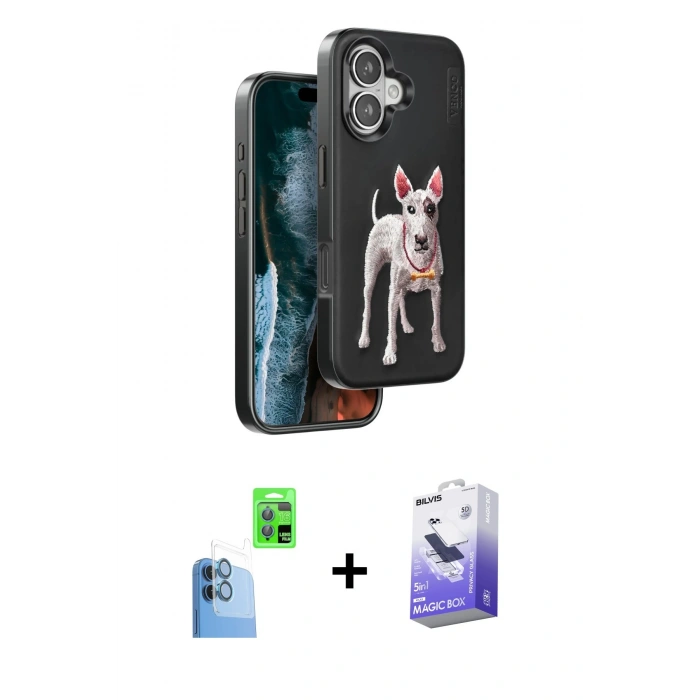 MARSİLYAN™- iPhone 16 Kılıf Nova Form Koleksiyonu - Siyah Bilvis 5in1 5D Magic Hayalet Cam Ekran Koruyucu + Raze Metal Kamera Lens - LT