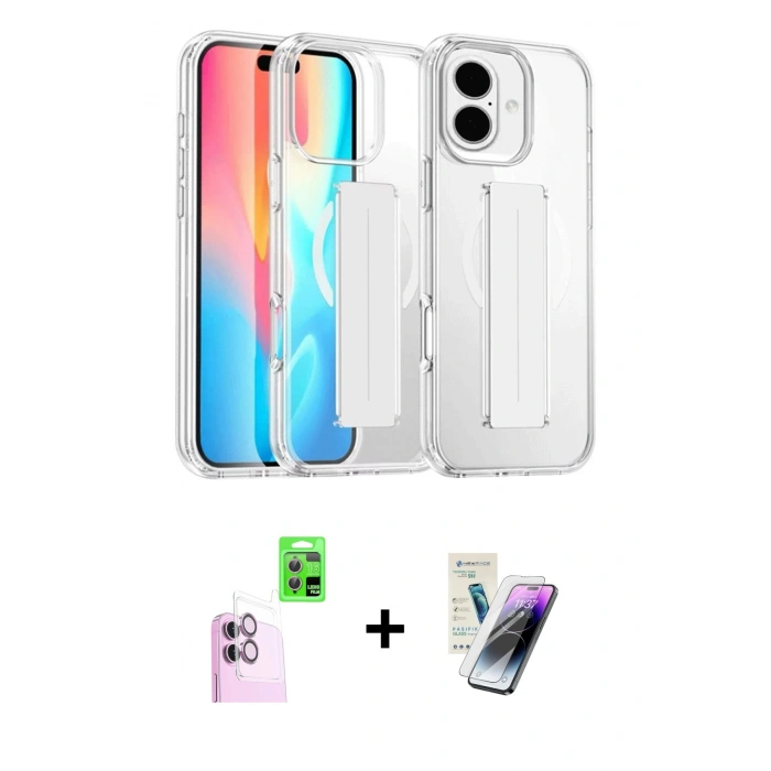 MARSİLYAN™- iPhone 16 Kılıf Nova Işık Koleksiyonu - Şeffaf Pasifik Cam Ekran Koruyucu + Raze Metal Kamera Lens - PE