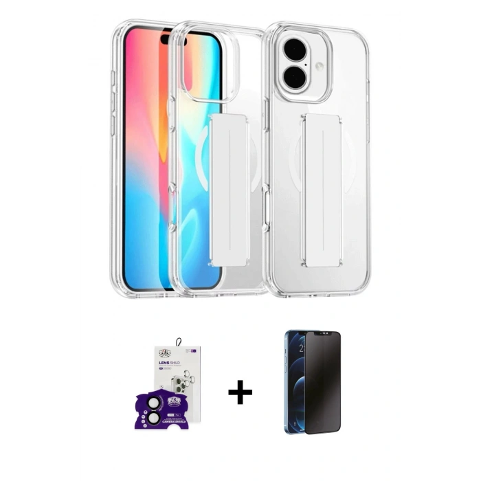 MARSİLYAN™- iPhone 16 Kılıf Nova Işık Koleksiyonu - Siyah 3D Antistatik Hayalet Cam Ekran Koruyucu + Bilvis Titan Kamera Lens - SH