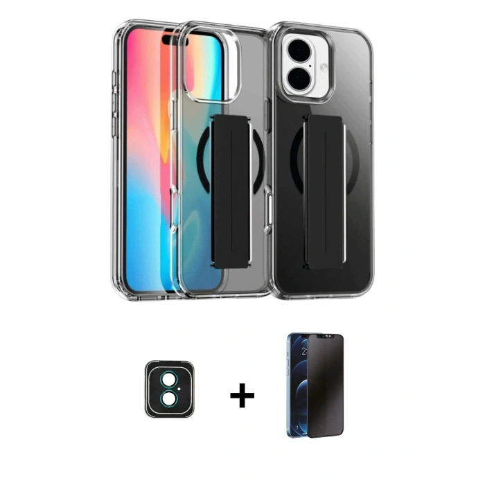 MARSİLYAN™- iPhone 16 Kılıf Nova Işık Koleksiyonu - Siyah 3D Antistatik Hayalet Cam Ekran Koruyucu + PVD Metal Kamera Lens - YL