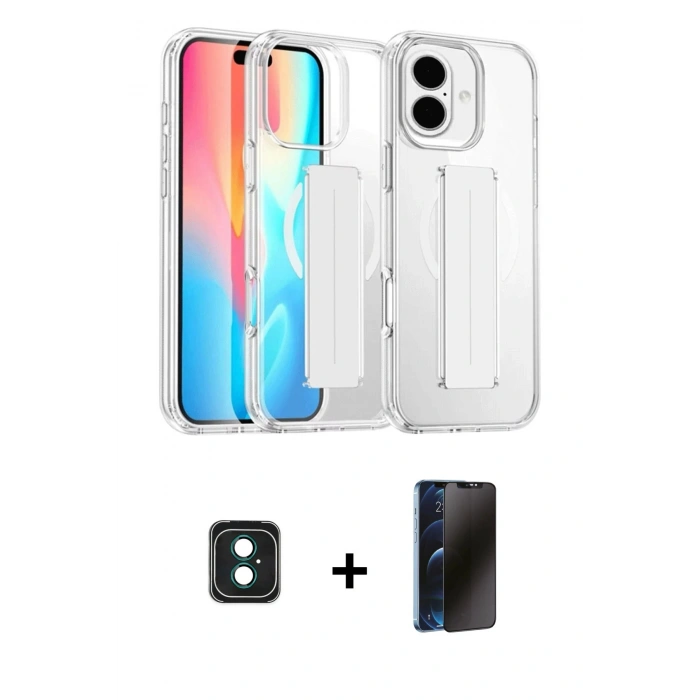 MARSİLYAN™- iPhone 16 Kılıf Nova Işık Koleksiyonu - Siyah 3D Antistatik Hayalet Cam Ekran Koruyucu + PVD Metal Kamera Lens - YL