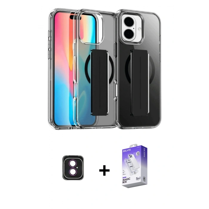 MARSİLYAN™- iPhone 16 Kılıf Nova Işık Koleksiyonu - Siyah Bilvis 5in1 3D Magic Cam Ekran Koruyucu + PVD Metal Kamera Lens - PE