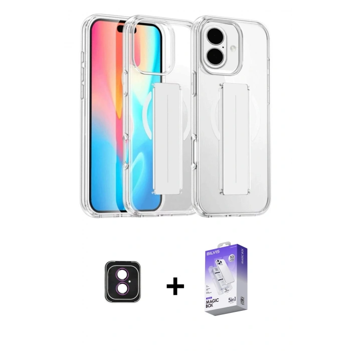 MARSİLYAN™- iPhone 16 Kılıf Nova Işık Koleksiyonu - Siyah Bilvis 5in1 3D Magic Cam Ekran Koruyucu + PVD Metal Kamera Lens - PE