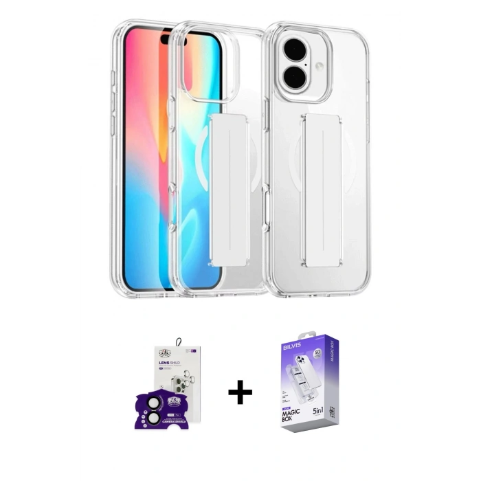 MARSİLYAN™- iPhone 16 Kılıf Nova Işık Koleksiyonu - Siyah Bilvis 5in1 3D Magic Cam Ekran Koruyucu + Bilvis Titan Kamera Lens - SH