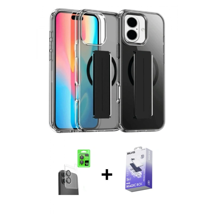 MARSİLYAN™- iPhone 16 Kılıf Nova Işık Koleksiyonu - Siyah Bilvis 5in1 5D Magic Hayalet Cam Ekran Koruyucu + Raze Metal Kamera Lens - SH