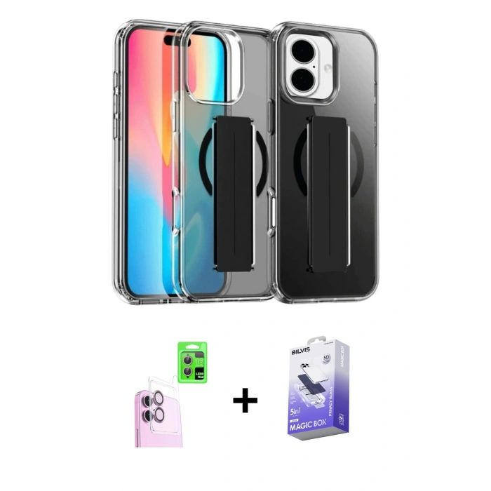 MARSİLYAN™- iPhone 16 Kılıf Nova Işık Koleksiyonu - Siyah Bilvis 5in1 5D Magic Hayalet Cam Ekran Koruyucu + Raze Metal Kamera Lens - PE