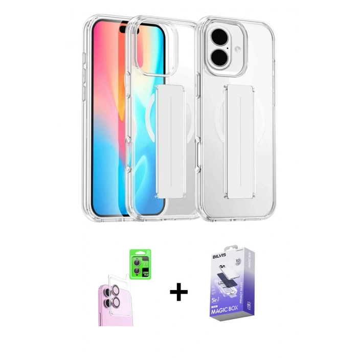 MARSİLYAN™- iPhone 16 Kılıf Nova Işık Koleksiyonu - Siyah Bilvis 5in1 5D Magic Hayalet Cam Ekran Koruyucu + Raze Metal Kamera Lens - PE
