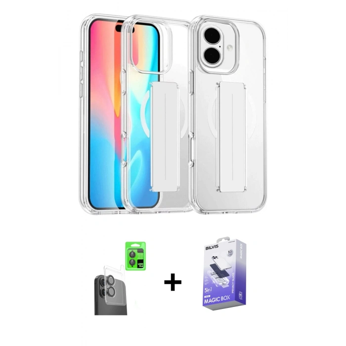 MARSİLYAN™- iPhone 16 Kılıf Nova Işık Koleksiyonu - Siyah Bilvis 5in1 5D Magic Hayalet Cam Ekran Koruyucu + Raze Metal Kamera Lens - SH