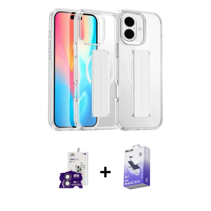 MARSİLYAN™- iPhone 16 Kılıf Nova Işık Koleksiyonu - Siyah Bilvis 5in1 5D Magic Hayalet Cam Ekran Koruyucu + Bilvis Titan Kamera Lens - PE